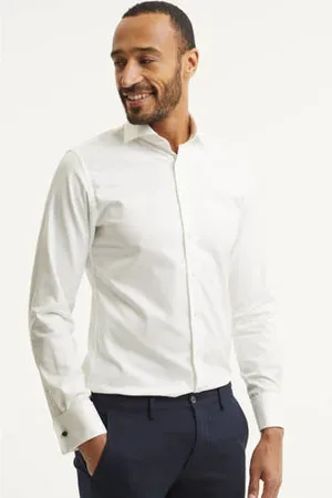 Profuomo Slim fit strijkvrij overhemd met dubbele manchet wit twill two