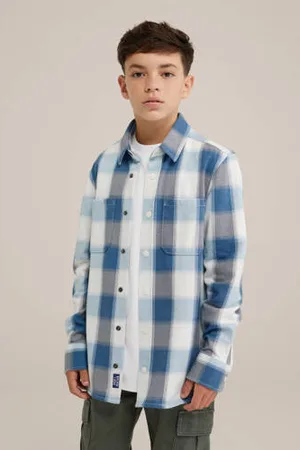 WE Fashion Blue Ridge geruit overhemd blauw/wit/grijs