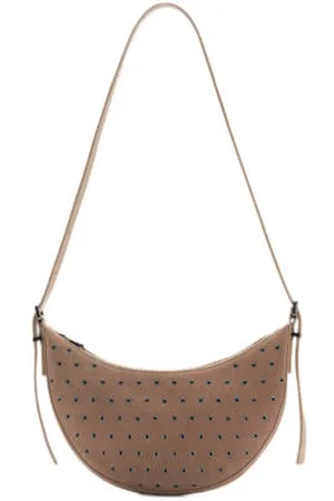 MANGO Leren schoudertas met studs lichtbruin
