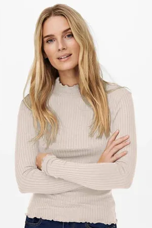JDY Ribgebreide trui FRANSISKA met ruches lichtbeige