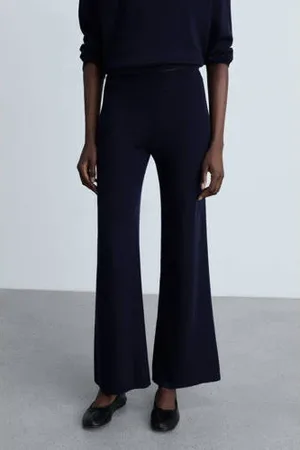 MANGO Wide leg high waist broek donkerblauw fijn gebreid