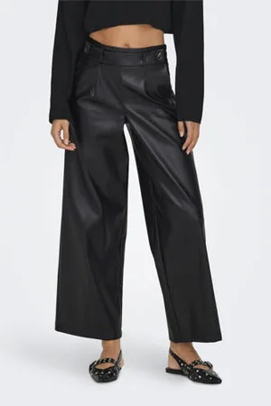 ONLY Imitatieleren cropped wide leg broek ONLBINA zwart