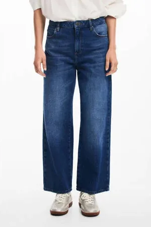 Desigual Regular waist wide leg jeans dark blue denim broderie