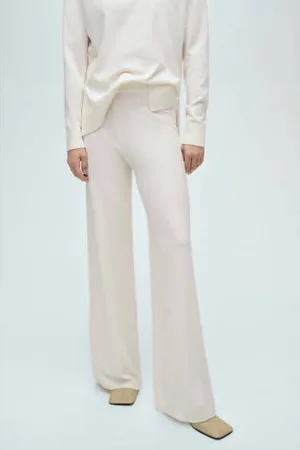 MANGO Wide leg high waist broek ecru fijn gebreid