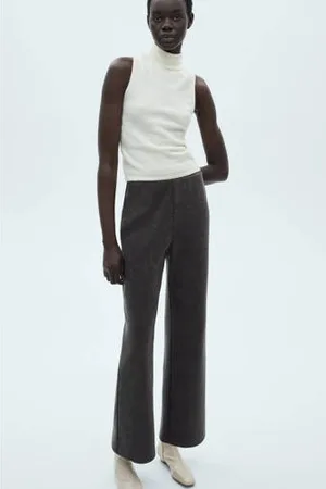 MANGO Wide leg high waist casual broek grijs melange
