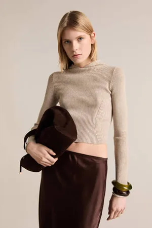 MANGO Hoodie beige rib gebreid