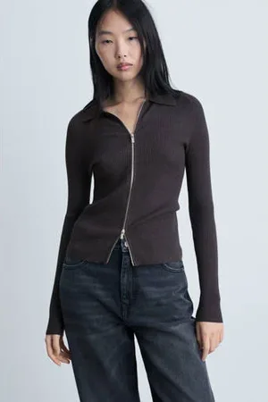 MANGO Vest antraciet rib gebreid