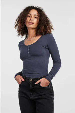 Pieces® Ribgebreide longsleeve PCKITTE met katoen zwart