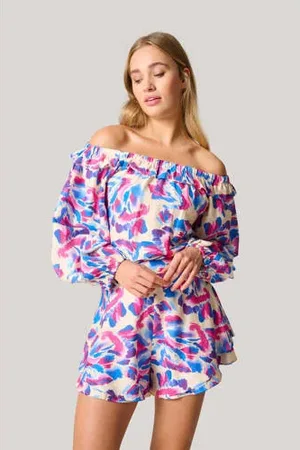SHOEBY Off shoulder top roze/ blauw