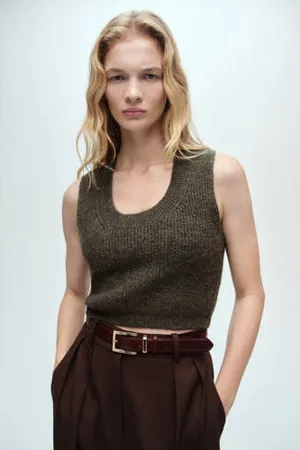 MANGO Cropped top kaki gebreid