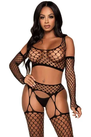Leg Avenue Fishnet top met jarretel, kousen en handschoenen