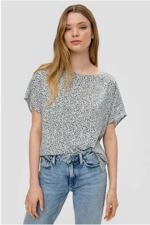 QS by s.Oliver Geweven top met all over print en open detail grijs/ wit