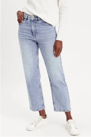 Cache Cache Cropped high waist straight leg jeans light blue