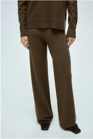 MANGO Wide leg high waist broek kaki fijn gebreid