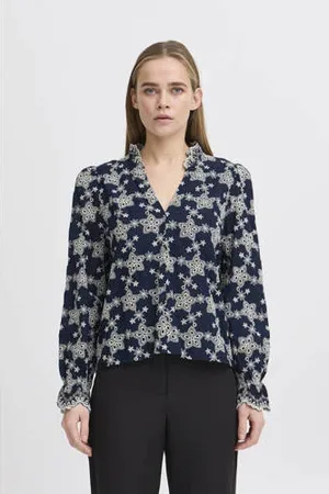 Ichi Blouse donkerblauw broderie