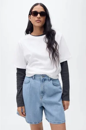 MANGO Rechtvallend high waist denim short light blue denim