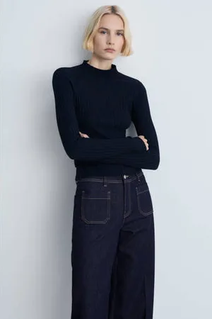 MANGO High waist wide leg jeans dark blue denim