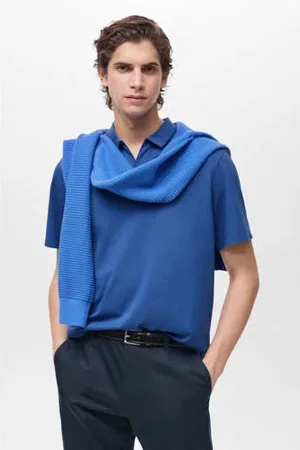MANGO Slim polo fijn gebreid blauw