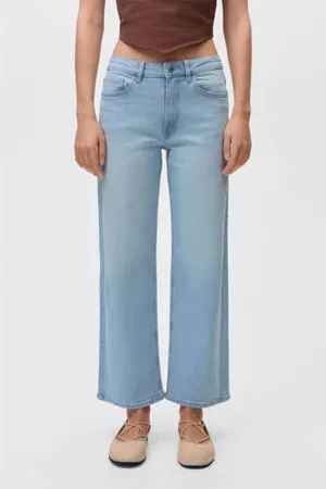 MANGO Wide leg low waist cropped jeans light blue denim