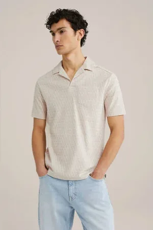 WE Fashion Slim polo met ingebreid patroon ecru
