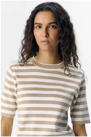Object Gestreepte trui met korte mouw beige/ ecru