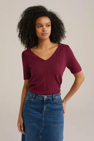 WE Fashion Top donkerrood fijn gebreid