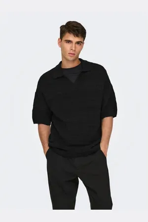 Only & Sons Loose polo grof gebreid zwart
