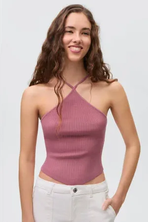 MANGO Haltertop oudroze rib gebreid