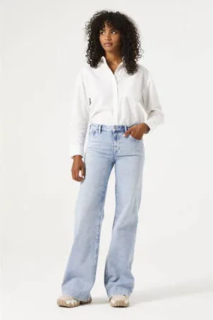 Garcia High waist wide leg jeans met strass steentjes