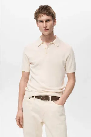 MANGO Slim polo fijn gebreid ecru