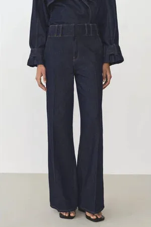 MANGO Wide leg high waist broek dark blue denim