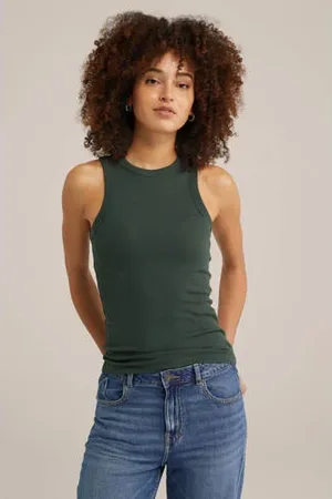 WE Fashion Haltertop donkergroen rib gebreid