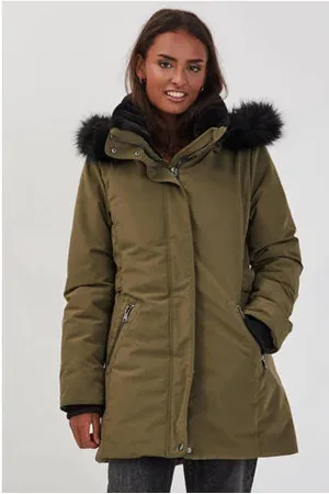 Cache Cache Winterjas met imitatiebontkraag kaki