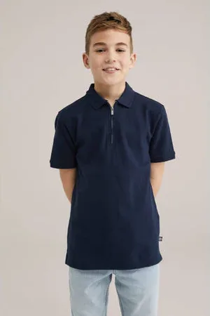 WE Fashion Polo donkerblauw rib gebreid