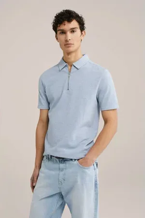 WE Fashion Slim polo met textuur lichtblauw