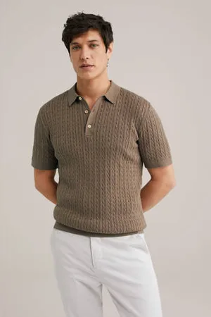 WE Fashion Regular polo fijn gebreid bruin