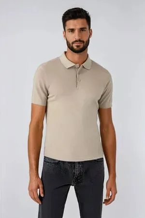 Cars Slim polo fijn gebreid beige