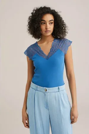 WE Fashion Top blauw rib gebreid