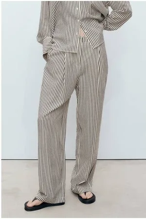 MANGO Straight regular waist casual broek zwart/ecru