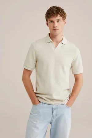 WE Fashion Slim polo met ingebreid patroon ecru