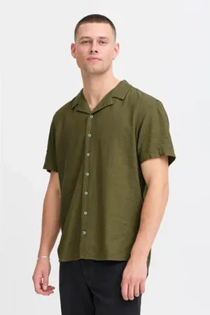 Blend Linnen casual overhemd olijfgroen