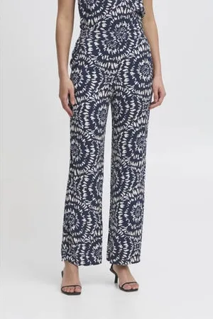 Ichi Wide leg regular waist casual broek donkerblauw