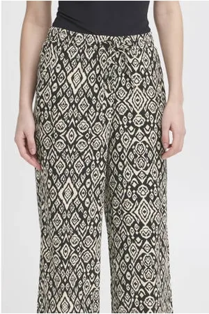 Ichi Linnen wide leg casual broek zwart