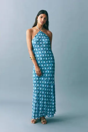 MANGO Satijnen maxi jurk blauw