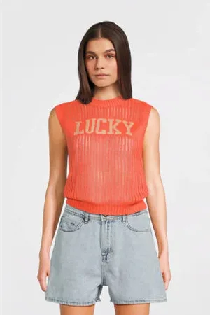 Like Flo Young mouwloze top oranje gebreid