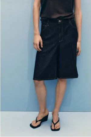 MANGO Denim wide leg high waist denim short dark blue denim