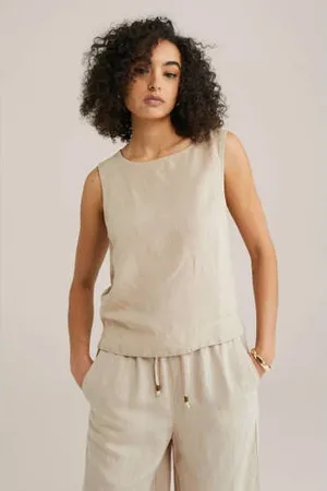 WE Fashion Linnen mouwloze top beige