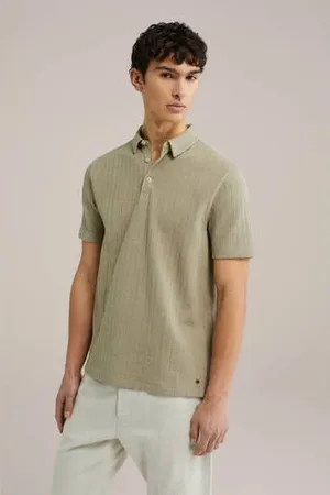 WE Fashion Slim polo met ingebreid patroon lichtkaki