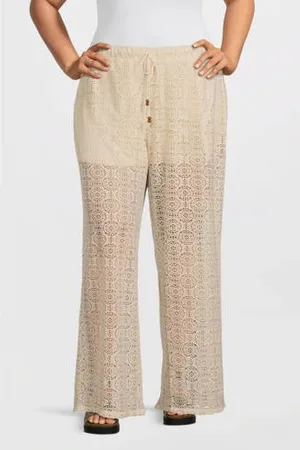 VERO MODA Wide leg regular waist casual broek ecru crochet