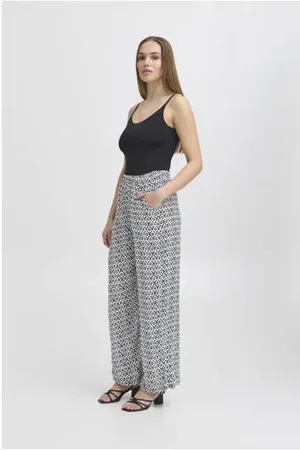 Ichi Wide leg regular waist casual broek donkerblauw